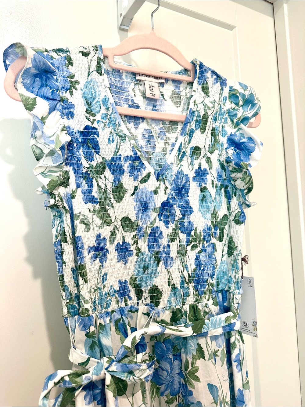 Laura Ashley Blue and Green Floral Smocked V-Neck Dress Size M Brand New